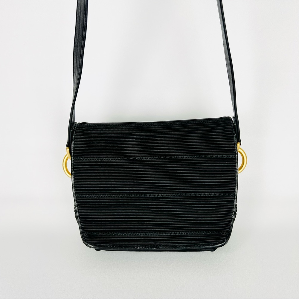 Americana by Sharif Black Ribbed Fabric and Leather Crossbody Bag Purse